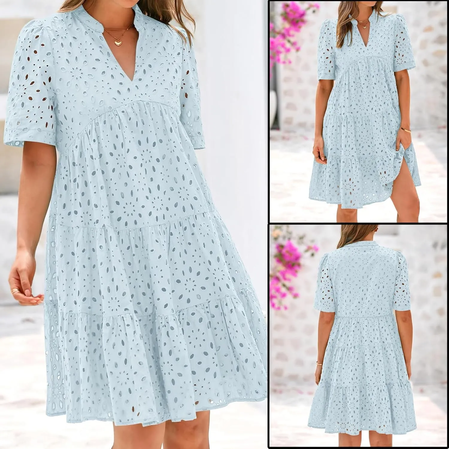 The Beauty North Eyelet Dress, Women Summer Ruffle Hem Lace Eyelet Dress, Women's Elegant Hollow Out Lace Ruffle Casual