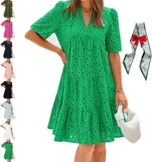 The Beauty North Eyelet Dress, Women Summer Ruffle Hem Lace Eyelet Dress, Women's Elegant Hollow Out Lace Ruffle Casual