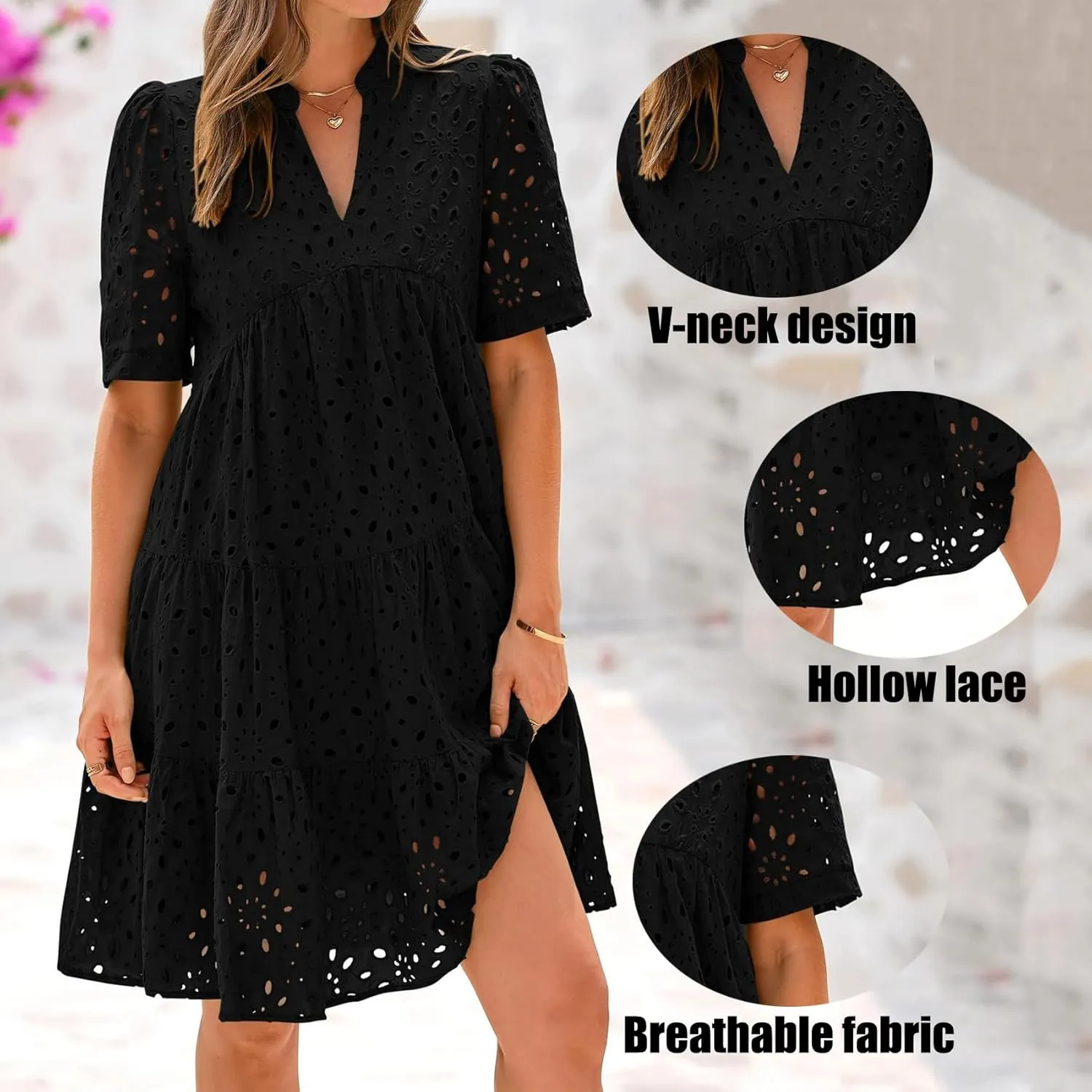 The Beauty North Eyelet Dress, Women Summer Ruffle Hem Lace Eyelet Dress, Women's Elegant Hollow Out Lace Ruffle Casual