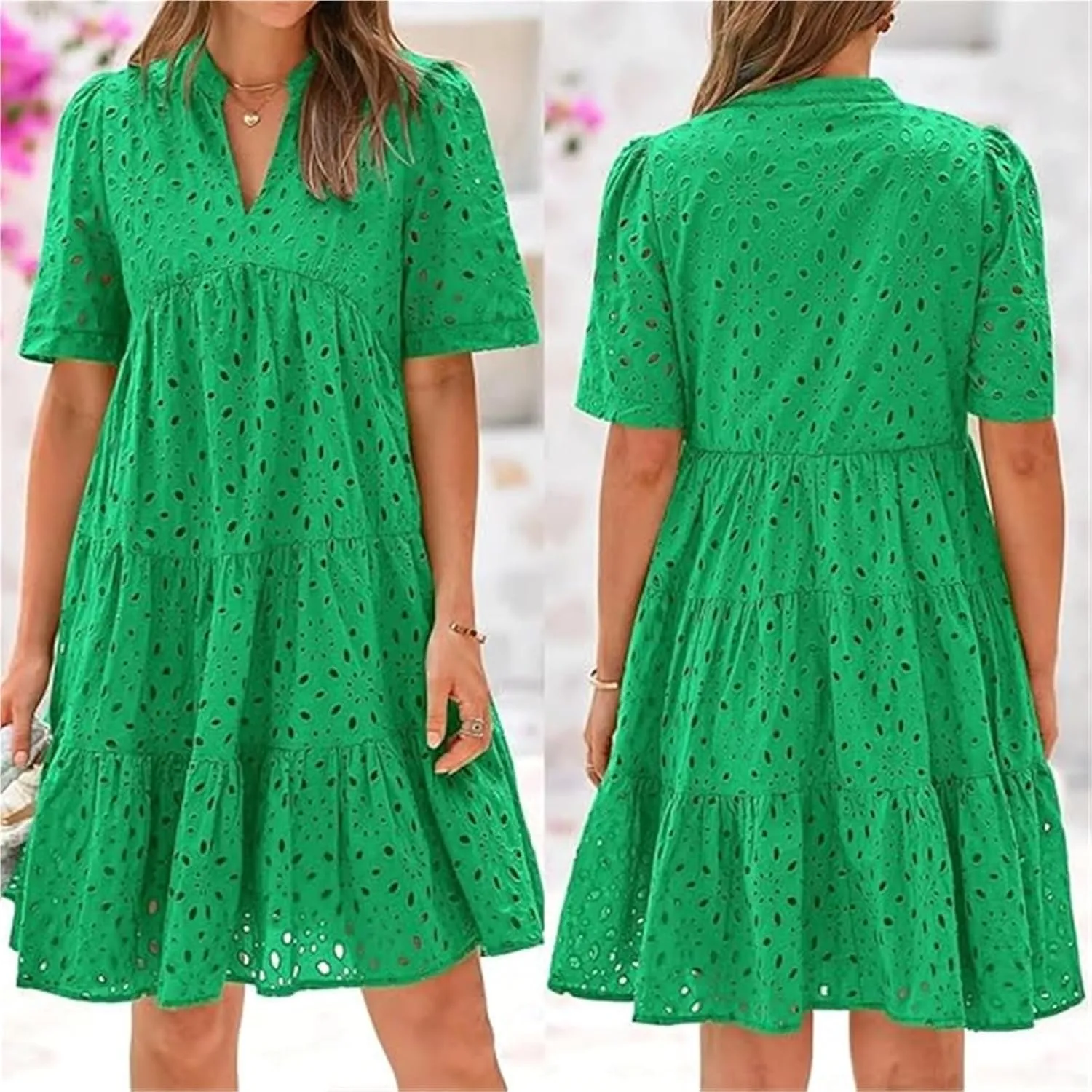 The Beauty North Eyelet Dress, Women's Elegant Hollow-Out V-Neck Short Sleeve Casual Ruffle Mini Dress