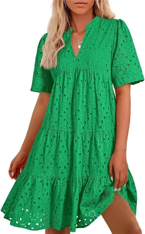 The Beauty North Eyelet Dress, Women's Elegant Hollow-Out V-Neck Short Sleeve Casual Ruffle Mini Dress