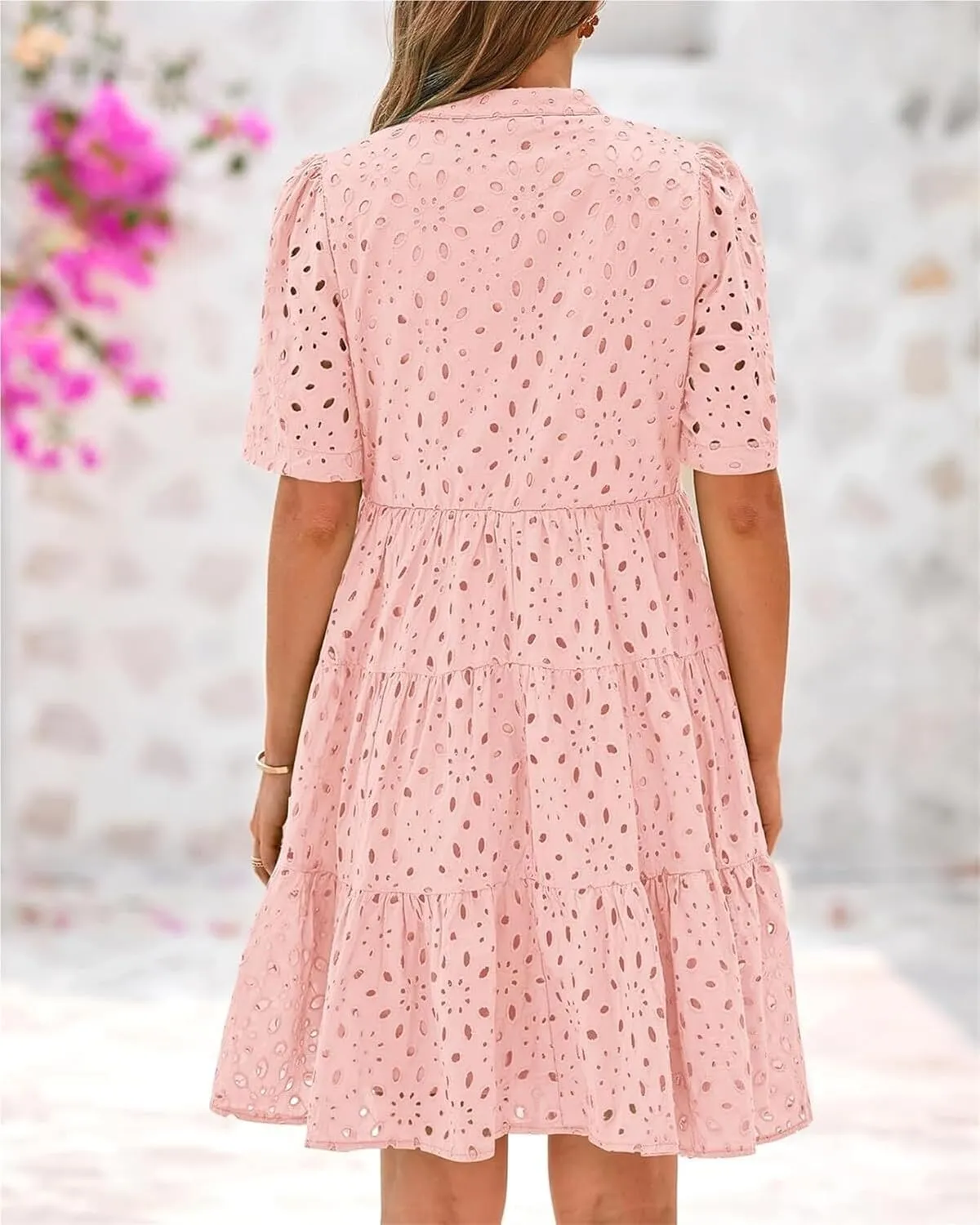 The Beauty North Eyelet Dress, Women's Elegant Hollow-Out V-Neck Short Sleeve Casual Ruffle Mini Dress