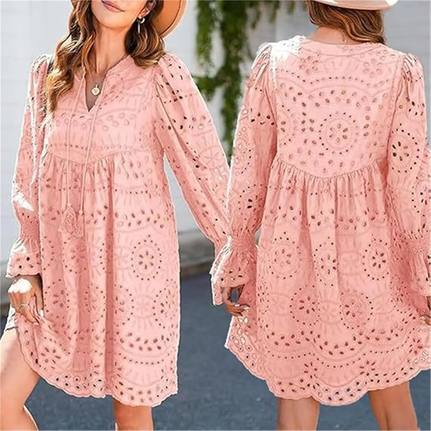 The Beauty North Eyelet Dress, Women's Elegant Hollow-Out V-Neck Short Sleeve Casual Ruffle Mini Dress