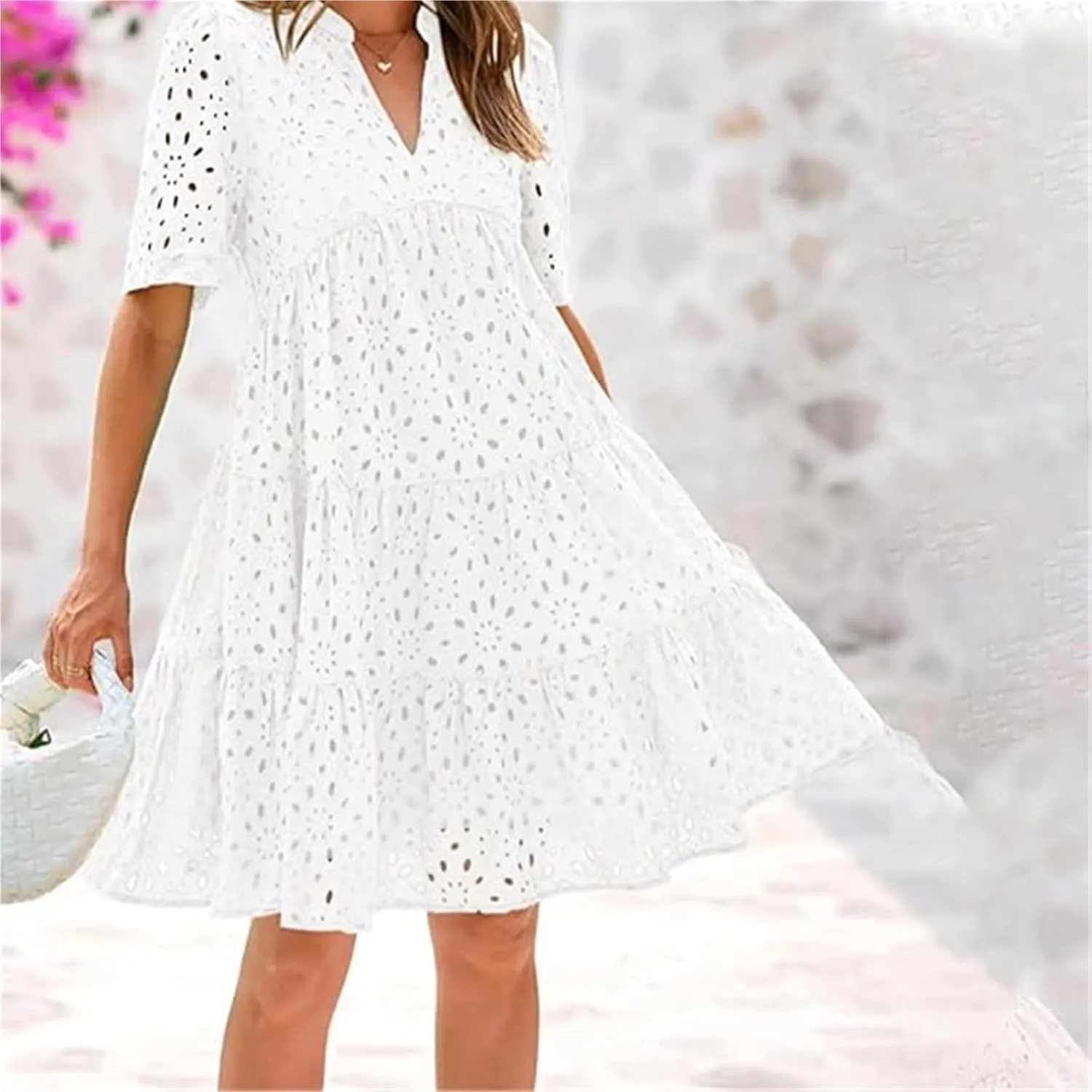 The Beauty North Eyelet Dress, Women's Elegant Hollow-Out V-Neck Short Sleeve Casual Ruffle Mini Dress