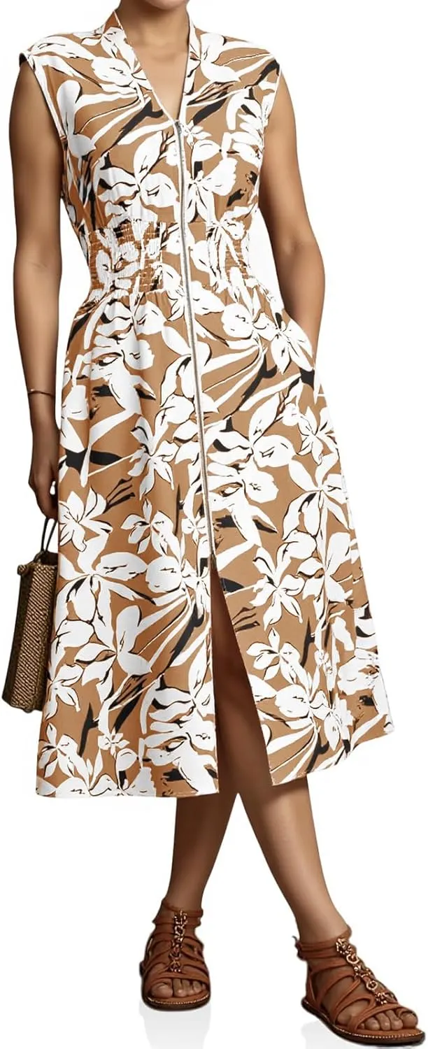 Wenrine Womens Floral Midi Dress Casual Zipper Front Sleeveless V Neck Smocked Flowy Summer Dresses