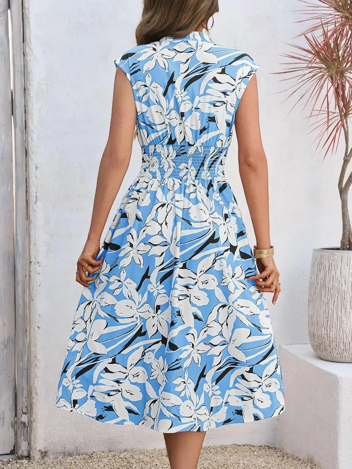 Wenrine Womens Floral Midi Dress Casual Zipper Front Sleeveless V Neck Smocked Flowy Summer Dresses