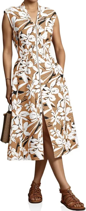 Wenrine Womens Floral Midi Dress Casual Zipper Front Sleeveless V Neck Smocked Flowy Summer Dresses