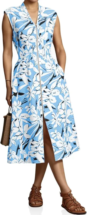 Wenrine Womens Floral Midi Dress Casual Zipper Front Sleeveless V Neck Smocked Flowy Summer Dresses