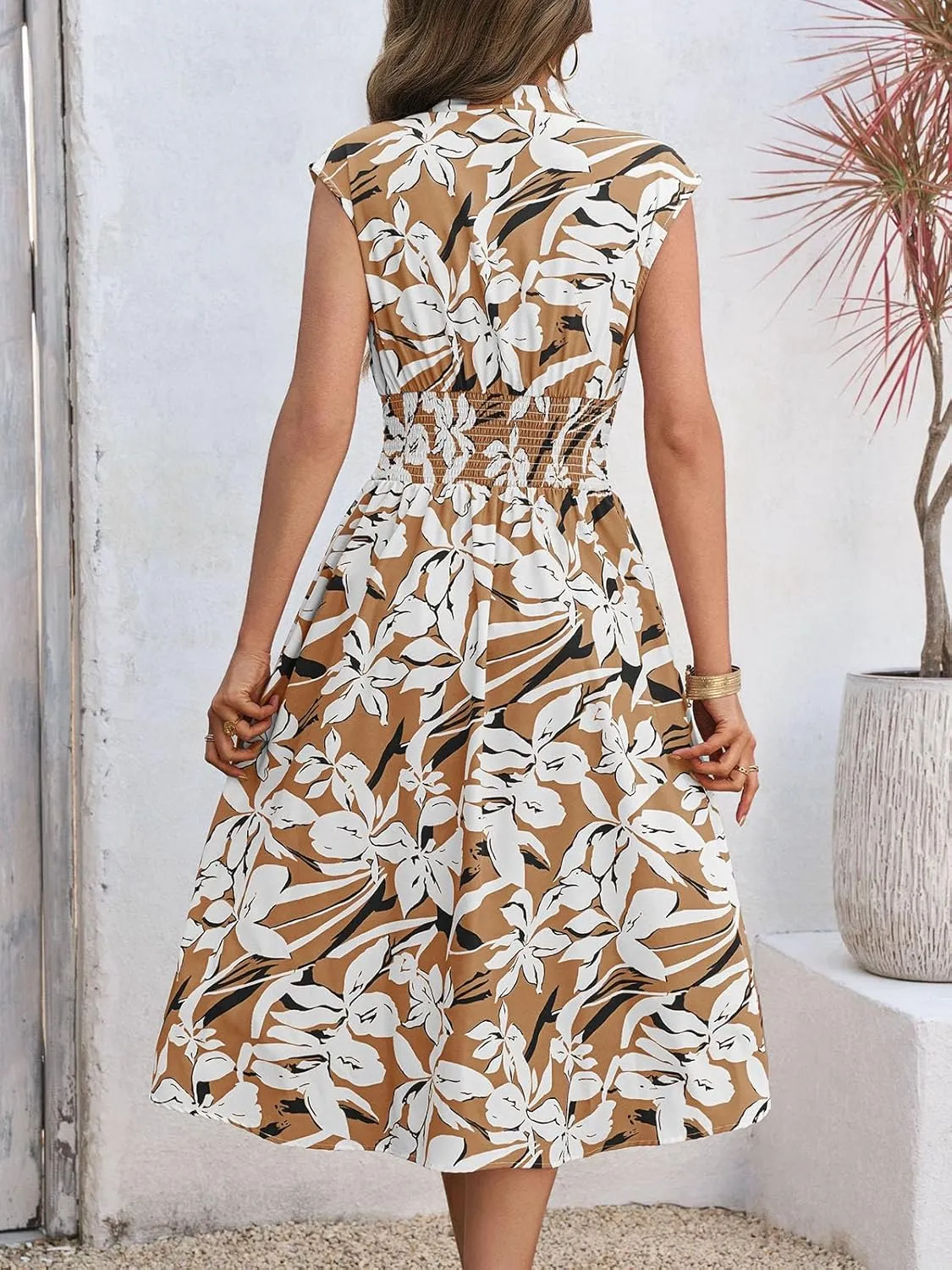 Wenrine Womens Floral Midi Dress Casual Zipper Front Sleeveless V Neck Smocked Flowy Summer Dresses