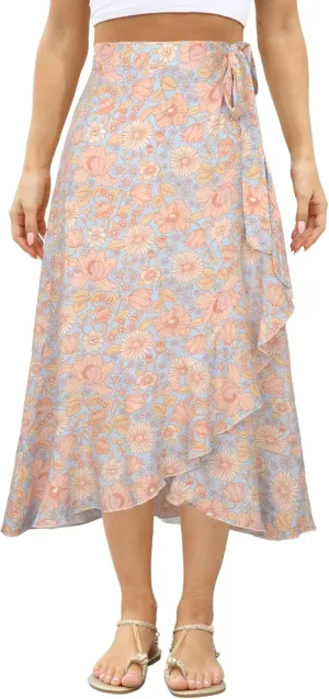 Women's High Waisted Wrap Ruffle Hem Split Midi Skirt