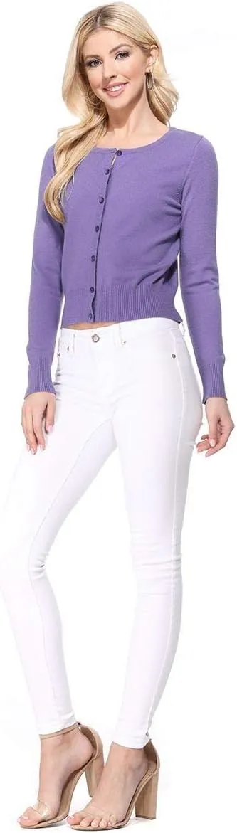 YEMAK Women's Cropped Cardigan Sweater  Long Sleeve Crewneck Basic Classic Casual Button Down Knit Soft Lightweight Top