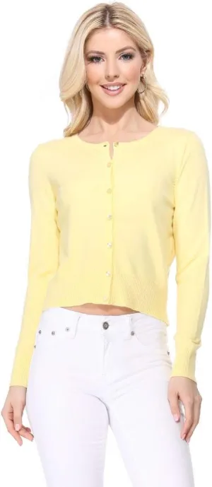 YEMAK Women's Cropped Cardigan Sweater  Long Sleeve Crewneck Basic Classic Casual Button Down Knit Soft Lightweight Top