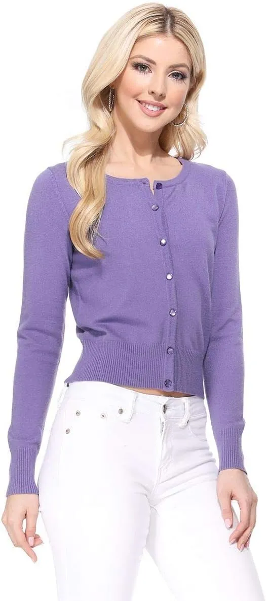 YEMAK Women's Cropped Cardigan Sweater  Long Sleeve Crewneck Basic Classic Casual Button Down Knit Soft Lightweight Top
