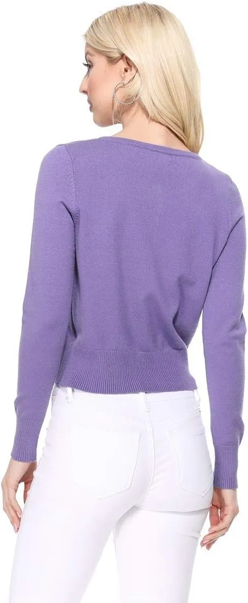 YEMAK Women's Cropped Cardigan Sweater  Long Sleeve Crewneck Basic Classic Casual Button Down Knit Soft Lightweight Top