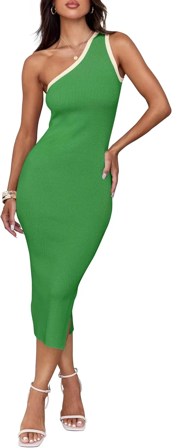 ZESICA Women's 2025 Summer One Shoulder Bodycon Midi Dresses Casual Sleeveless Ribbed Knit Side Slit Sweater Dress