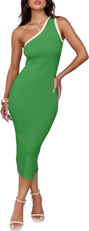 ZESICA Women's 2025 Summer One Shoulder Bodycon Midi Dresses Casual Sleeveless Ribbed Knit Side Slit Sweater Dress