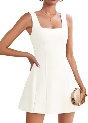 ZESICA Women's 2025 Summer Sleeveless Tank Mini Dresses Square Neck A Line Flare Party Short Dress