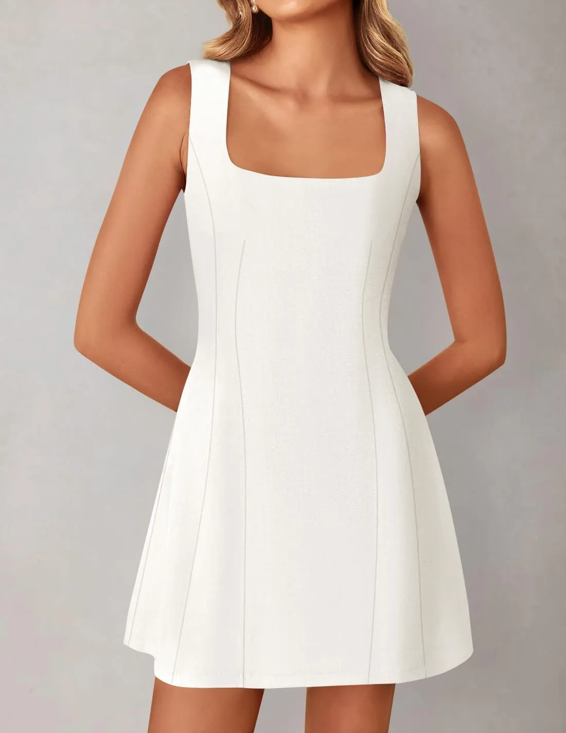 ZESICA Women's 2025 Summer Sleeveless Tank Mini Dresses Square Neck A Line Flare Party Short Dress