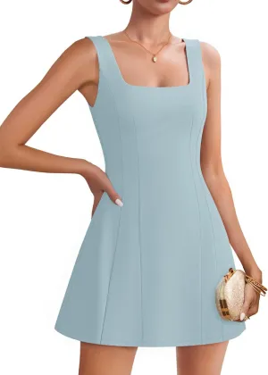 ZESICA Women's 2025 Summer Sleeveless Tank Mini Dresses Square Neck A Line Flare Party Short Dress