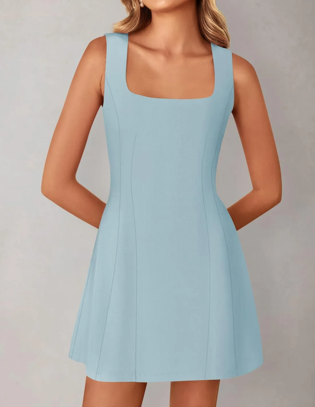 ZESICA Women's 2025 Summer Sleeveless Tank Mini Dresses Square Neck A Line Flare Party Short Dress
