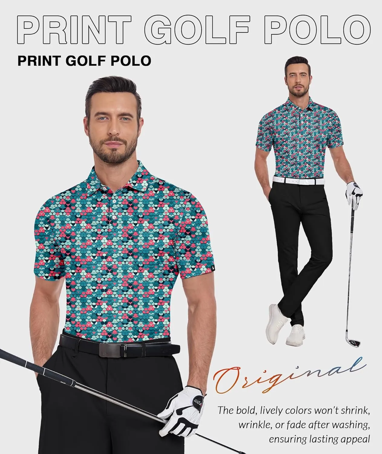 ZITY Golf Shirts for Men Short Sleeve Print Polo Shirt Moisture Wicking Regular Fit Casual Beach Polo
